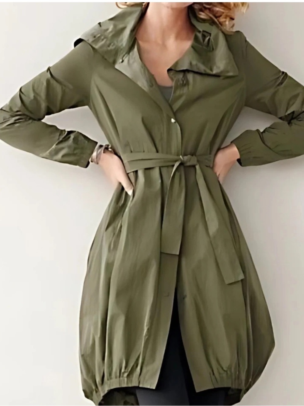 Eileen Fisher Nylon Bubble-Hem Belted Trench Coat Rain Jacket Olive Green Sz S